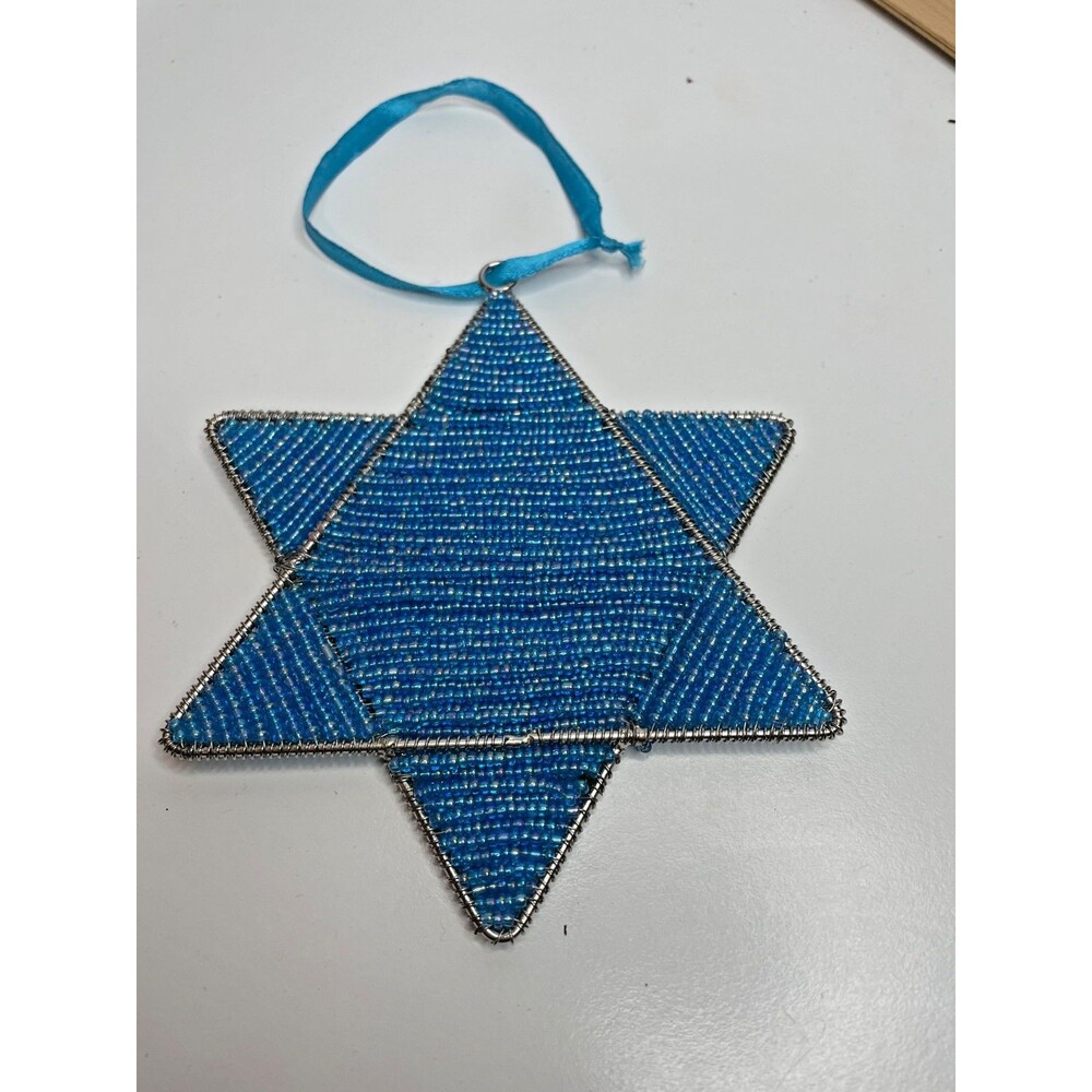 HANDMADE Star of David blue beaded Hanging Ornament  5”
